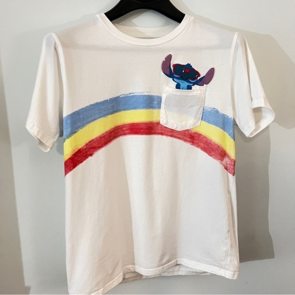 Disney Lilo & Stitch White Short Sleeve Tee with Rainbow Detail Across Chest
